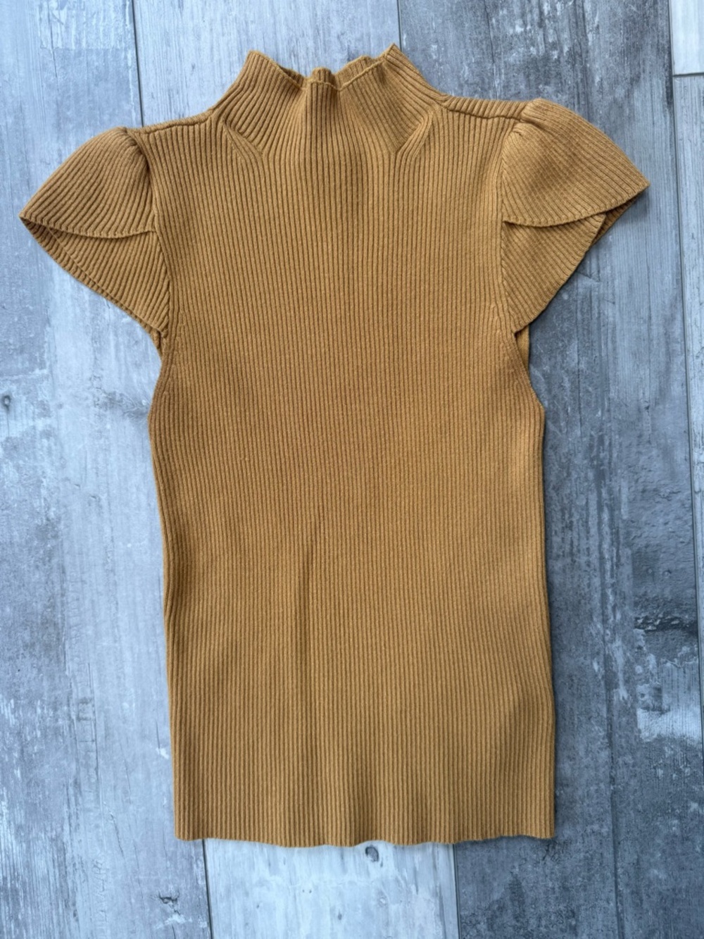 Anthropologie Ribbed Mock Neck Sweater XS Mustard Ruffle Cap Sleeve Top